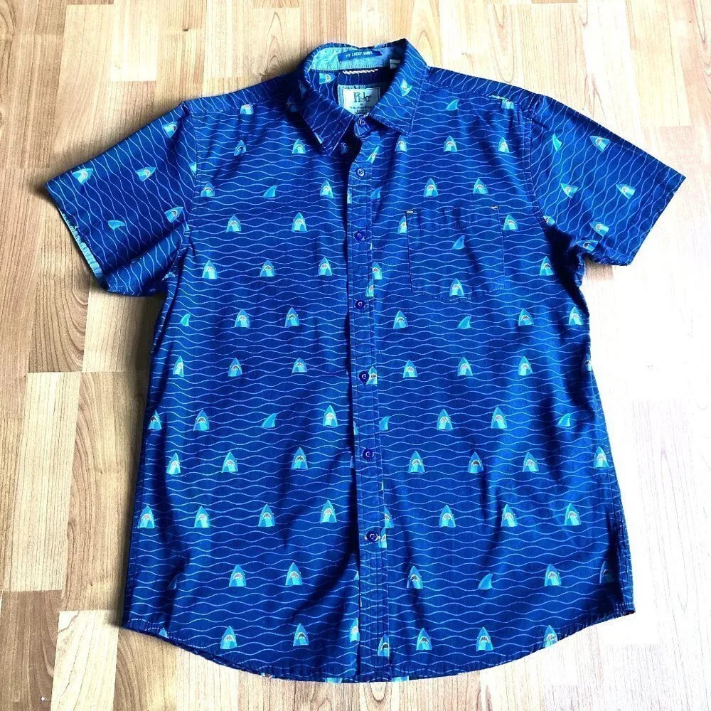 Rebel James & Charli Boy's Cotton My‎ Lucky Shirt Navy w Sharks in Ocean, Size L